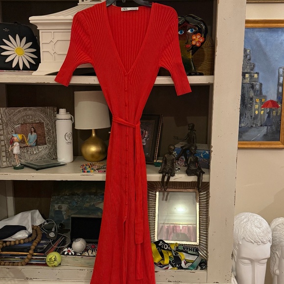 Zara Dresses & Skirts - ZARA Small S red ribbed v neck dress midi with belt